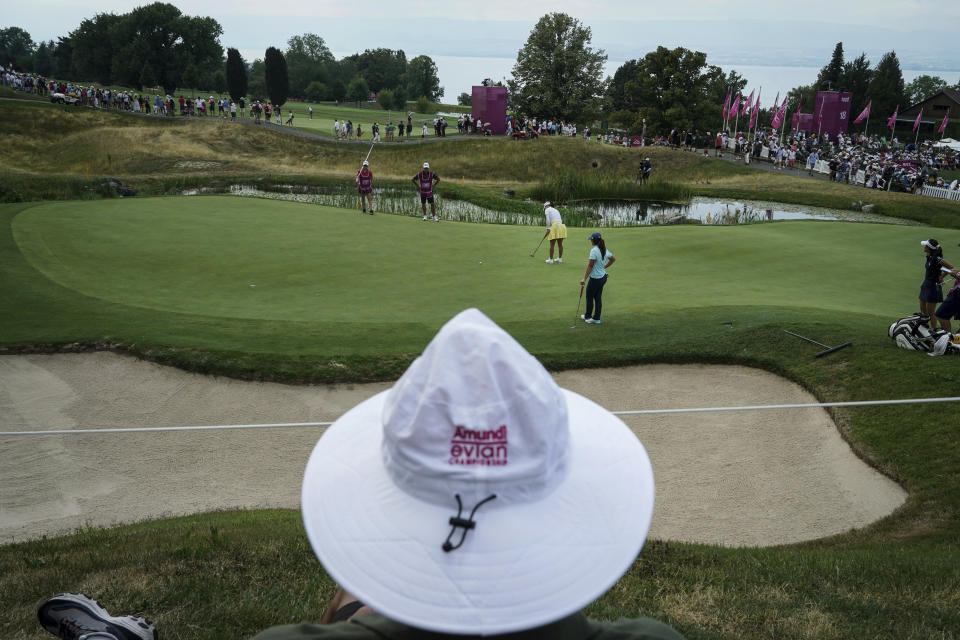 So Yeon Ryu, of South Korea, follows her ball after playing on the 16th hole during the Evian Championship women's golf tournament in Evian, eastern France, Saturday, July 23, 2022. (AP Photo/Laurent Cipriani)