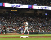 Atlanta Braves starting pitcher Spencer Strider reacts after striking out a Colorado Rockies batter in a baseball game Thursday, Sept. 1, 2022, in Atlanta. (Curtis Compton=gaatj'