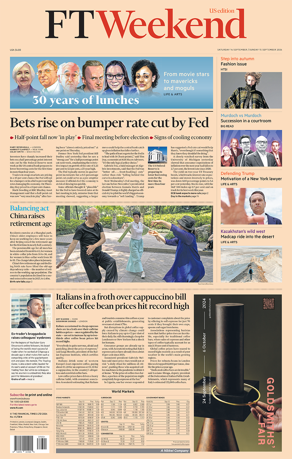 The headline on the front page of the Financial Times reads:  'Bets rise on bumper rate cut by Fed'.