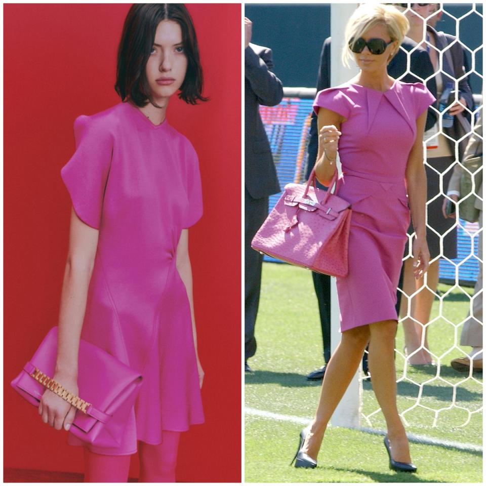 A pink shift dress from the VB collection; Victoria in 2007 wearing a fuchsia Roland Mouret dress - Victoria Beckham/Getty Images 