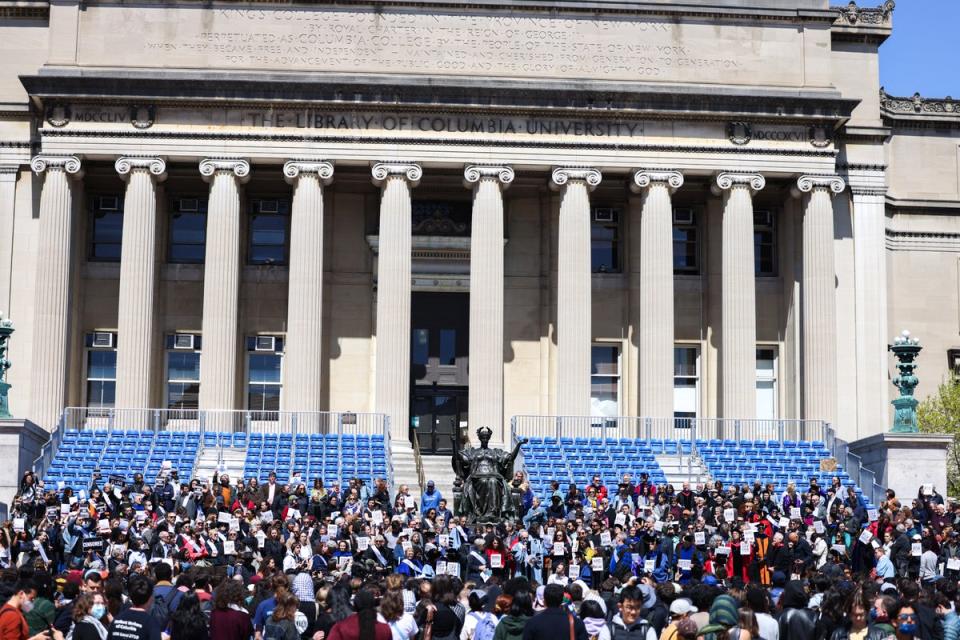 People rally inside the Columbia University which is occupied by pro-Palestian protesters in New York (AFP via Getty Images)