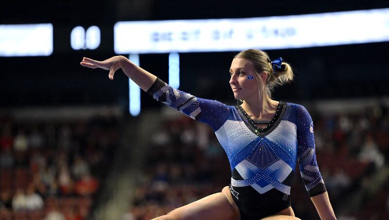 BYU’s Allix Mason, performs on the beam as BYU, Utah, SUU and Utah State meet in the Rio Tinto Best of Utah Gymnastics competition. The Cougars survived a first-round NCAA regional matchup with Boise State on Wednesday, advancing to the semifinals on a tiebreaker.