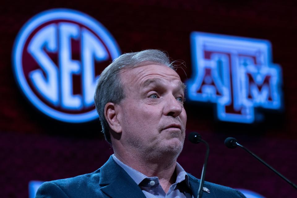 Texas A&M Head Coach Jimbo Fisher addresses the media at the 2023 SEC Football Kickoff Media Days at the Nashville Grand Hyatt on Broadway, Monday, July 17, 2023.