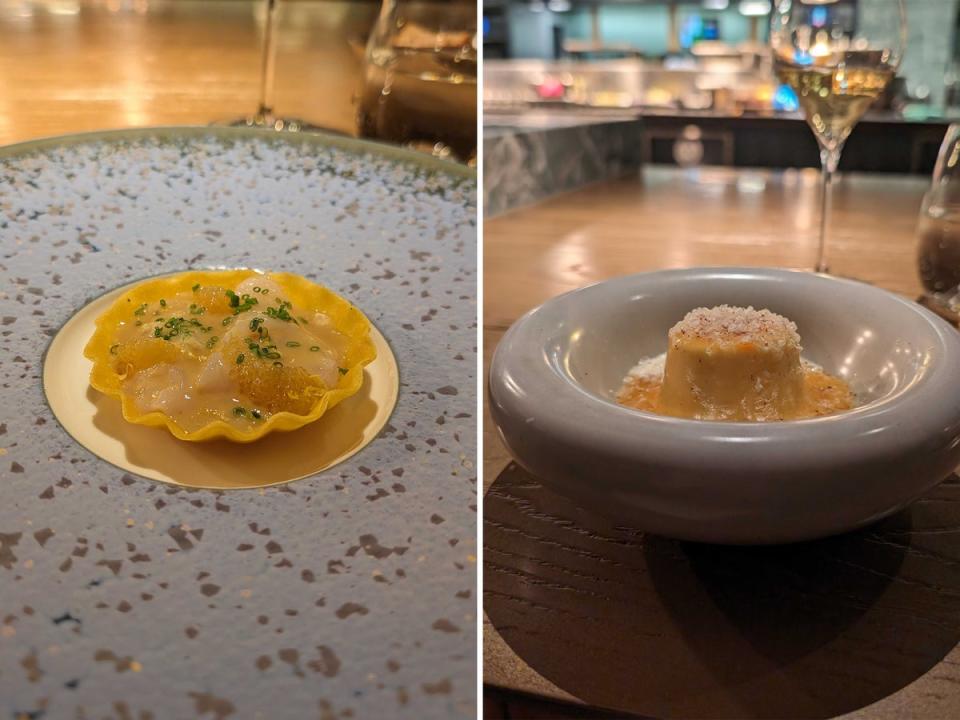 The starters begin with a curry-flavoured scallop tartlet and a light-as-air comte cheese souffle (Hannah Twiggs)