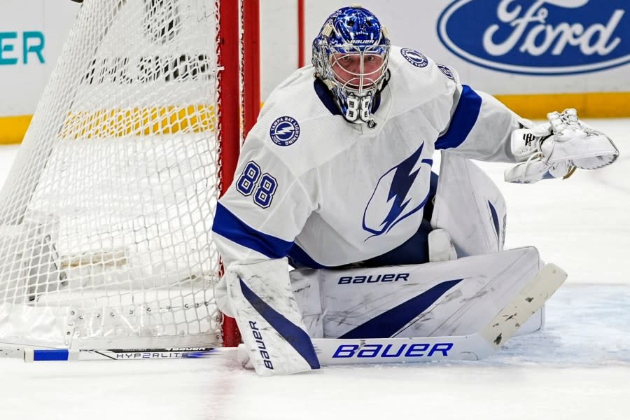 Tampa Bay Lightning goaltender Andrei Vasilevskiy protects the net during the second period of an NHL hockey game against the New York Islanders Saturday, Feb. 24, 2024, in Elmont, N.Y. (AP Photo/Frank Franklin II)