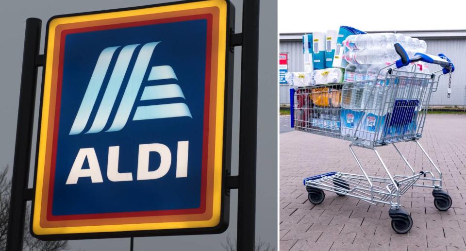 Side-by-side image. Left: Aldi store sign. Right: Shopping trolley filled with water and toilet paper.