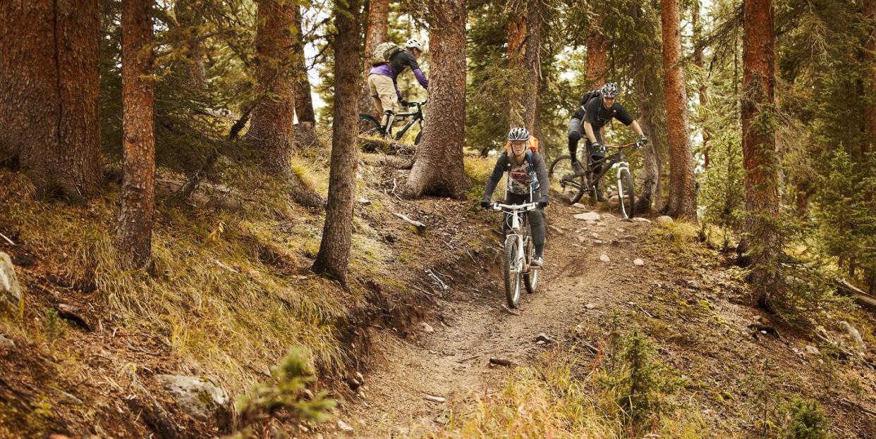three friends riding mountain bikes on a trail