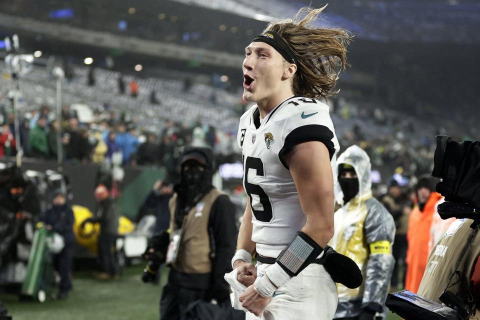 Jacksonville Jaguars quarterback Trevor Lawrence (16) walks off the field after an NFL football game against the New York Jets on Thursday, Dec. 22, 2022, in East Rutherford, N.J. (AP Photo/Adam Hunger)