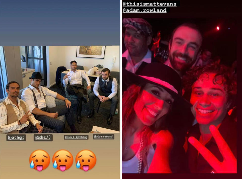 L: Home and Away cast getting ready for a Christmas party. R: Laura Vazquez, Adam Rowland and Matt Evans at the Seven Christmas party