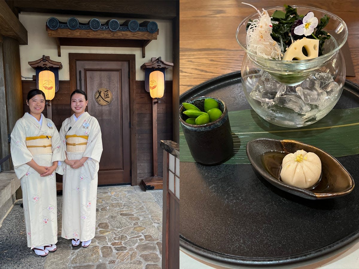 hosts outside Takumi-Tei at disney world and close-up of the first course at Takumi-Tei