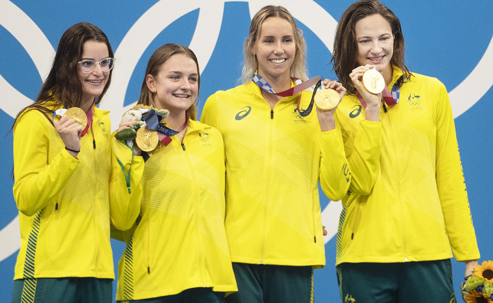 Kaylee McKeown, Chelsea Hodges, Emma McKeon and Cate Campbell at the 2021 Olympics. 