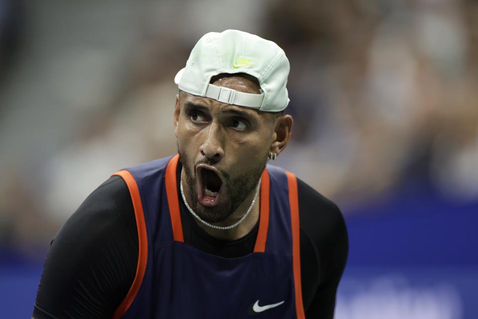 Nick Kyrgios, of Australia, celebrates during his match against Daniil Medvedev, of Russia, during the fourth round of the U.S. Open tennis championships, Sunday, Sept. 4, 2022, in New York. (AP Photo/Adam Hunger)