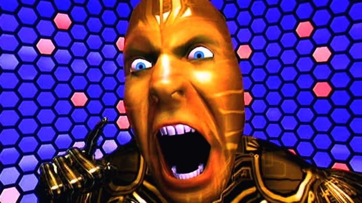 A computer animated image of a man screaming in The Lawnmower Man.