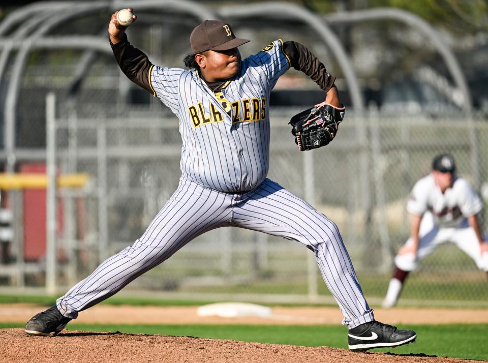 Golden West's Eryq Lopez-Abarca pitches against Mt. Whitney in EYL high school baseball Monday, March 18, 2024.