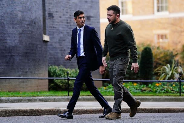 PHOTO: Britain's Prime Minister Rishi Sunak, left, and Ukraine's President Volodymyr Zelenskyy walk up Downing Street ahead of their meeting in London, Wednesday, Feb. 8, 2023. (Victoria Jones/AP)