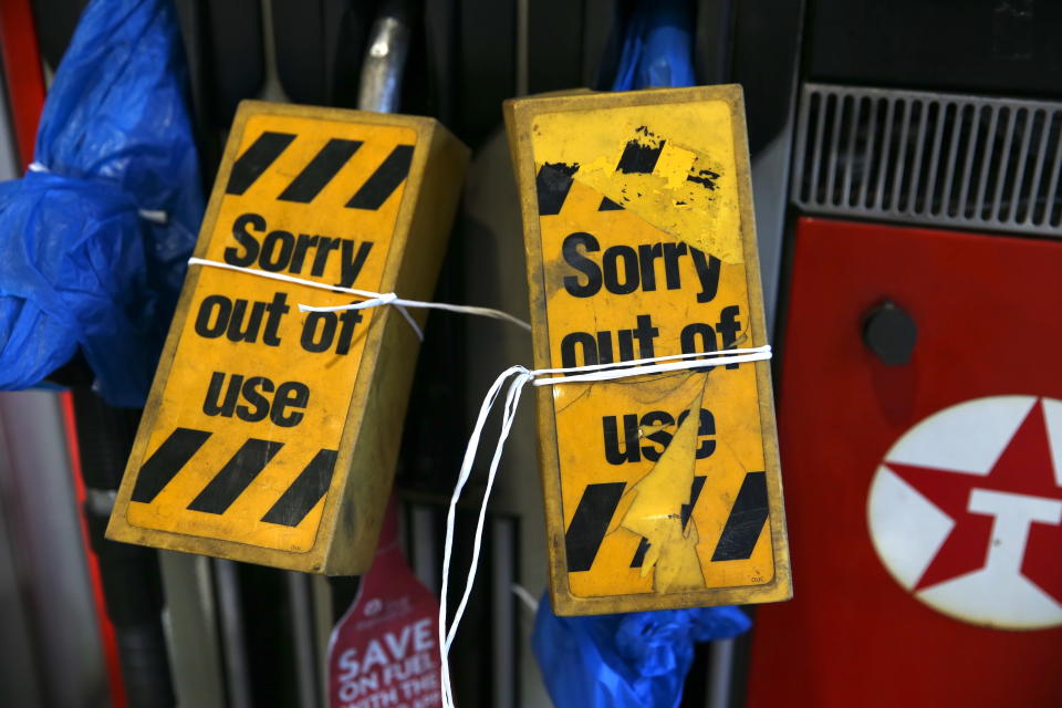 LONDON, ENGLAND - SEPTEMBER 29: An outside view of a petrol station which is run out of fuel in London, United Kingdom on September 29, 2021. The UK has seen long queues formed in front of gas stations after the oil and petrol giant BP and Tesco Alliance announced that a 