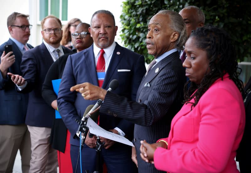 Leadership of civil rights organizations leave the White House following a meeting about voting rights with the President and Vice President