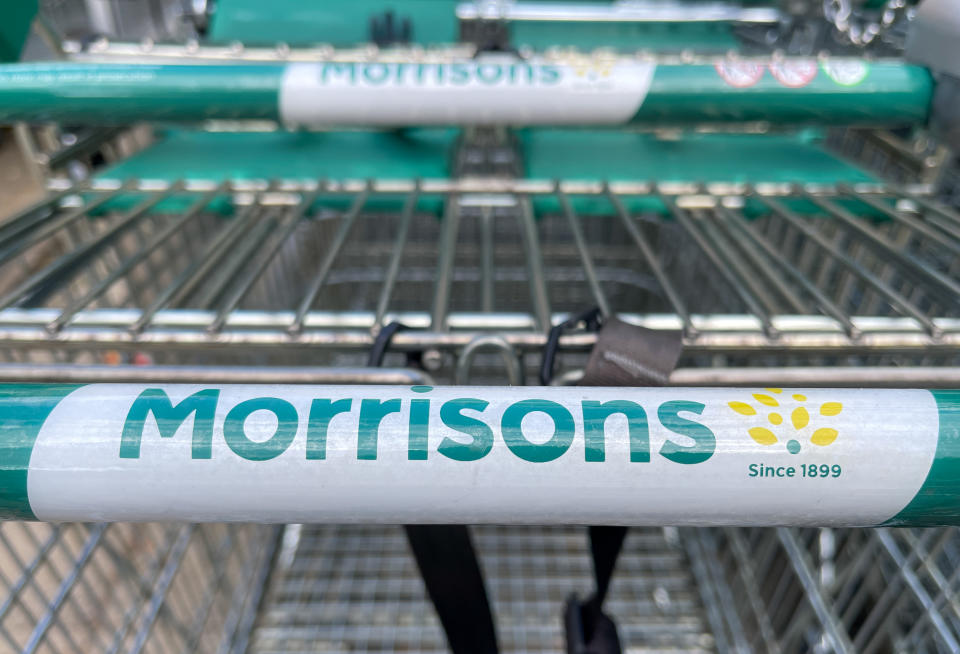 BRISTOL, UNITED KINGDOM - APRIL 18: Morrisons branded shopping trollies are pictures outside a branch of the supermarket retailer Morrisons on April 18, 2022 in Bristol, England. The British retailer is one of the largest market leaders of groceries in the UK. (Photo by Matt Cardy/Getty Images)