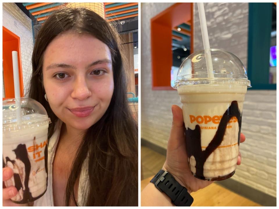 L: the author holding a milkshake. R: the milkshake.