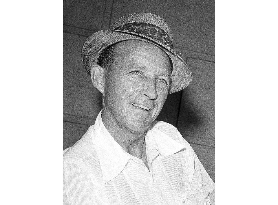 FILE - Actor-singer Bing Crosby appears in Los Angeles on Sept. 20, 1959. Crosby, who died in 1977, won an Academy Award for best actor for playing a priest in the 1945 film "Going My Way," and made seven "road" movies with his friend, comic Bob Hope. Some of his hit songs include "Pennies From Heaven," "It's Been a Long, Long Time," "Don't Fence Me In" and "Accentuate the Positive." (AP Photo/Don Brinn, File)