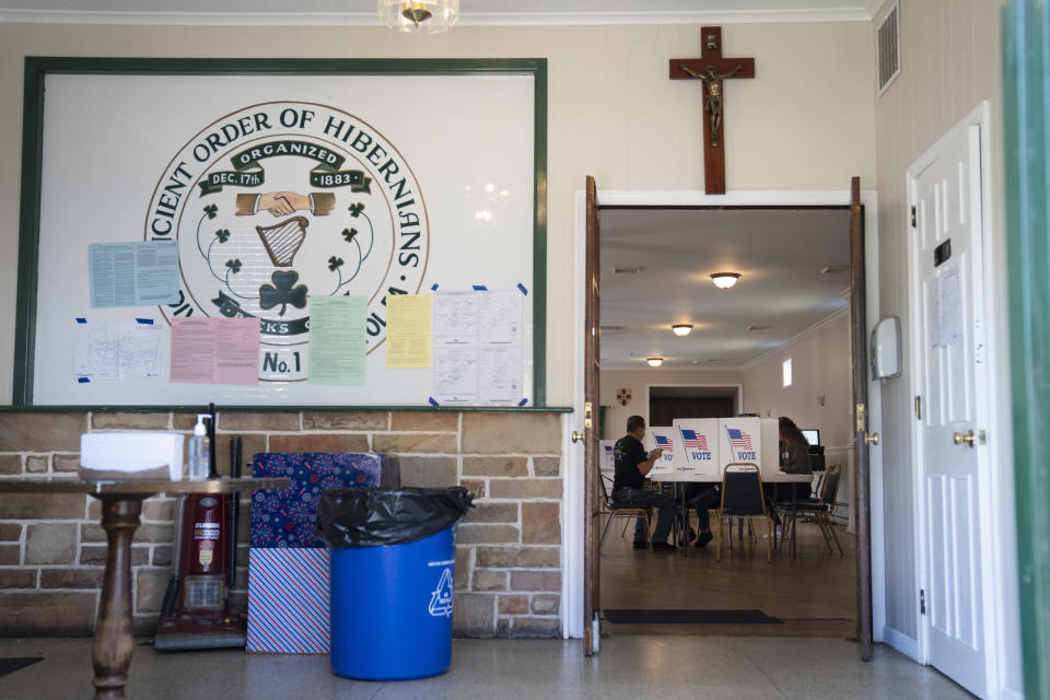 A voter marks their ballot at a polling place in Bristol, Pa., Tuesday, April 23, 2024. (AP Photo/Matt Rourke)