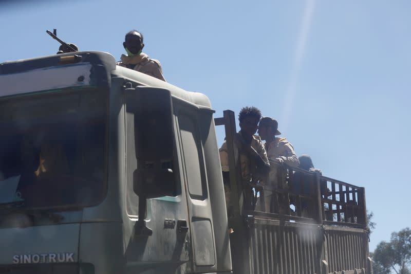 FILE PHOTO: Troops in Eritrean uniforms are seen on top of a truck near the town of Adigrat