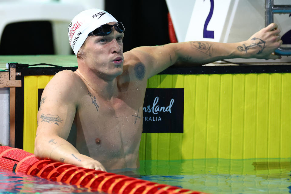 BRISBANE, AUSTRALIA - JUNE 15: Cody Simpson of Queensland reacts after competing in the Men’s 100m Butterfly Final during the 2024 Australian Swimming Trials at Brisbane Aquatic Centre on June 15, 2024 in Brisbane, Australia. (Photo by Quinn Rooney/Getty Images)