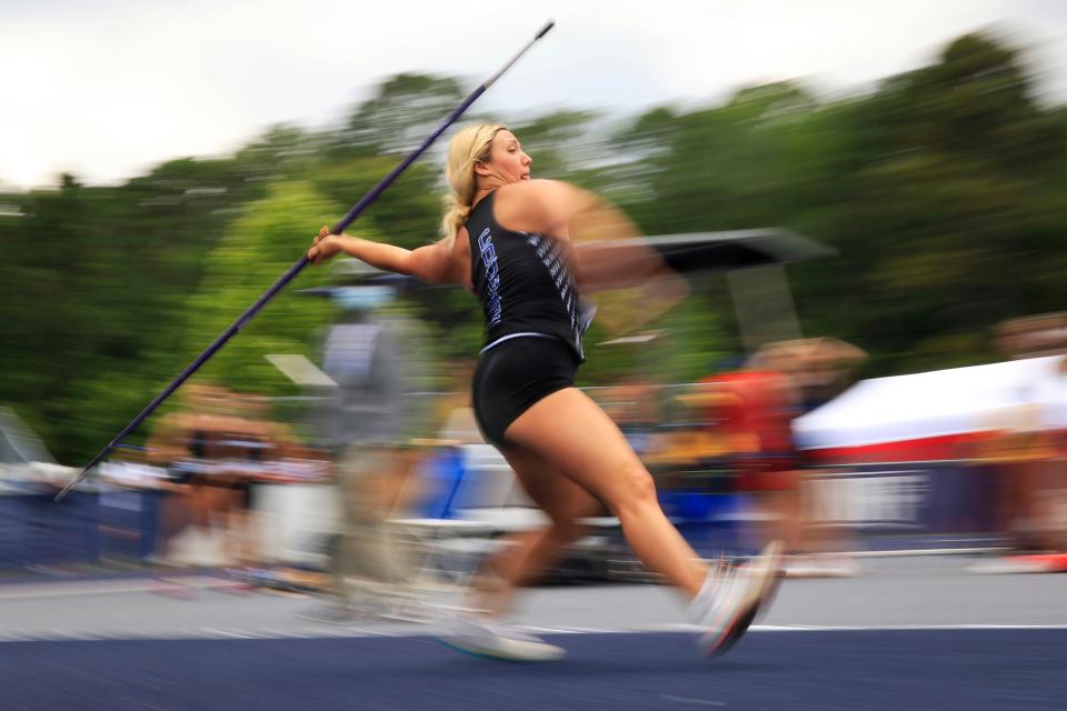 Barron Collier’s Rebecca Van't Hoff competes in the javelin Friday, May 19, 2023 during the FHSAA Class 3A Track & Field State Championships at the University of North Florida’s Hodges Stadium in Jacksonville, Fla. Van't Hoff  placed third with a 34.74 meter throw. 