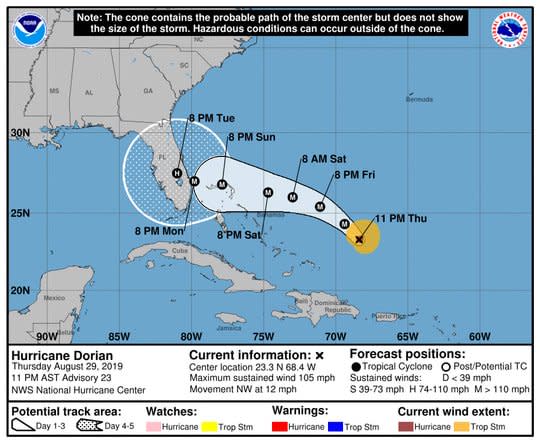 <div class="inline-image__caption"><p>The NOAA’s original Hurricane Dorian forecast map from August 29.</p></div> <div class="inline-image__credit">NOAA</div>