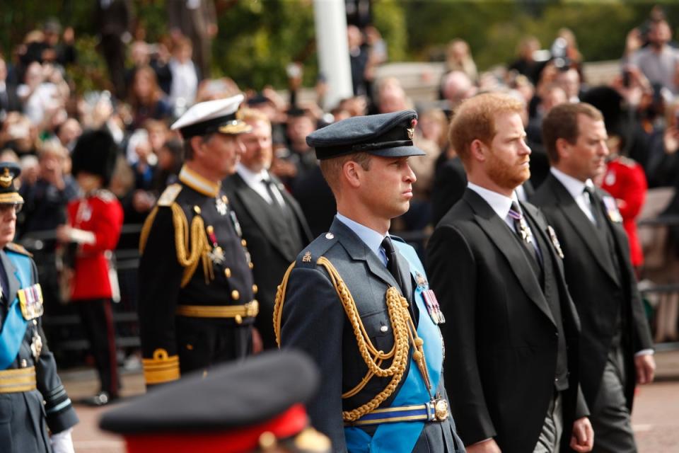 William and Harry follow the Queen’s coffin in the procession from Westminster Abbey to Wellington Arch (EPA)