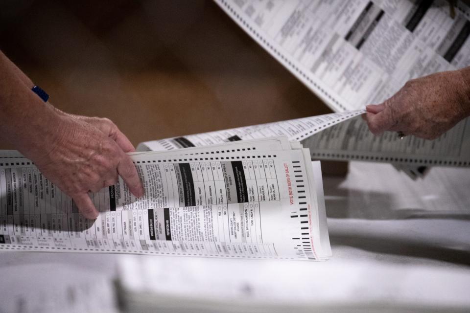 Test ballots are hand counted on July 14, 2021, in the Wesley Bolin Building at the Arizona State Fairgrounds in  Phoenix.