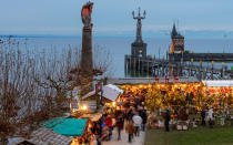 <p><strong>What: </strong>On the shores of Lake <a rel="nofollow noopener" href="http://www.constance-lake-constance.com/events/christmas-market.html" target="_blank" data-ylk="slk:Konstanz;elm:context_link;itc:0;sec:content-canvas" class="link ">Konstanz</a> and the Rhine is the Konstanz Christmas Market, which has a convenient proximity to Austria, Switzerland, and the Alps. (You can see their snowy peaks across the lake on clear days.) These influences show up in the market’s cuisine: pair glühwein with Swiss-style Stängeli fondue, or käsespätzle, a kind of local macaroni and cheese. On calm days, you can actually hop on a Zeppelin to see the market from above.</p> <p><strong>Where: </strong>From the town center to the Konstanz Harbor. The market also spreads out into some boats.</p> <p><strong>When: </strong>November 26 to December 21; 11 AM to 8 PM</p>