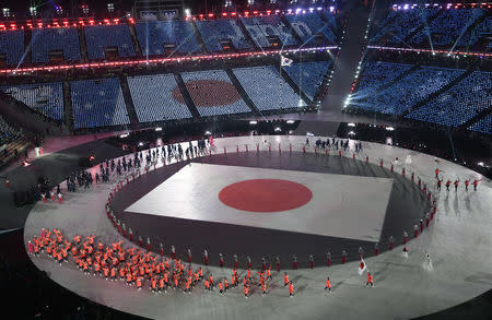 Pyeongchang 2018 Winter Olympics – Opening ceremony – Pyeongchang Olympic Stadium - Pyeongchang, South Korea – February 9, 2018 - The flag of Japan is paraded during the opening ceremony. REUTERS/Toby Melville