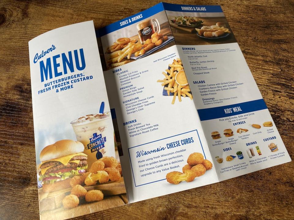 the menu brochure for Culver's