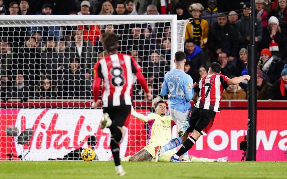 Brentford's Neal Maupay scores the opening goal against Manchester City