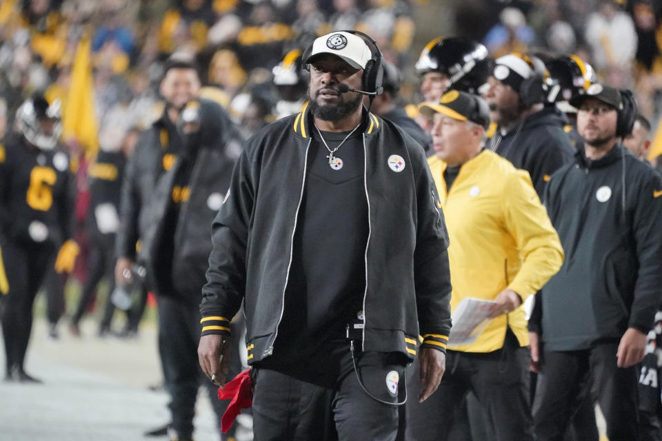 Pittsburgh Steelers head coach Mike Tomlin watches from the sidelines during the second half of an NFL football game against the New England Patriots on Thursday, Dec. 7, 2023, in Pittsburgh. (AP Photo/Gene J. Puskar)