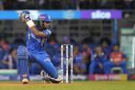 Mumbai Indians' Tilak Varma plays a shot during the Indian Premier League cricket match between Mumbai Indians and Sunrisers Hyderabad in Mumbai, India, Monday, May 6, 2024. (AP Photo/Rajanish Kakade)