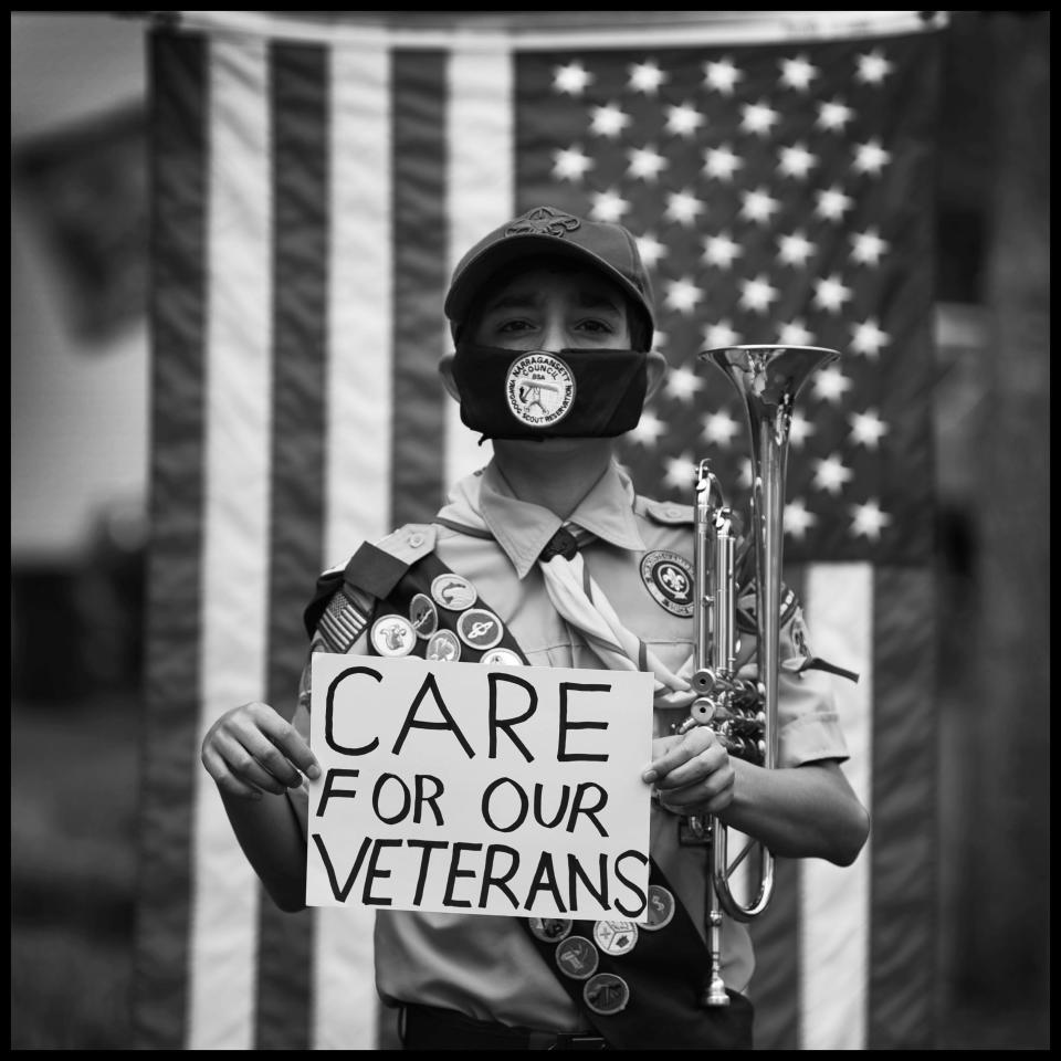 Alex Saldana, 13, a Boy Scout in Oradell Troop 36 and a Life Scout, shares his message on the coronavirus crisis on April 14, 2020: "Care for our Veterans." Saldana played the Marine Corps Hymn and Taps to honor the 37 military veterans who have died at the the New Jersey Veteran's Home at Paramus in recent weeks.