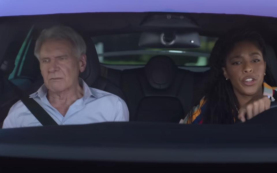 Harrison Ford and Jessica Williams as Paul and Gabby carpool to work in "Shrinking'