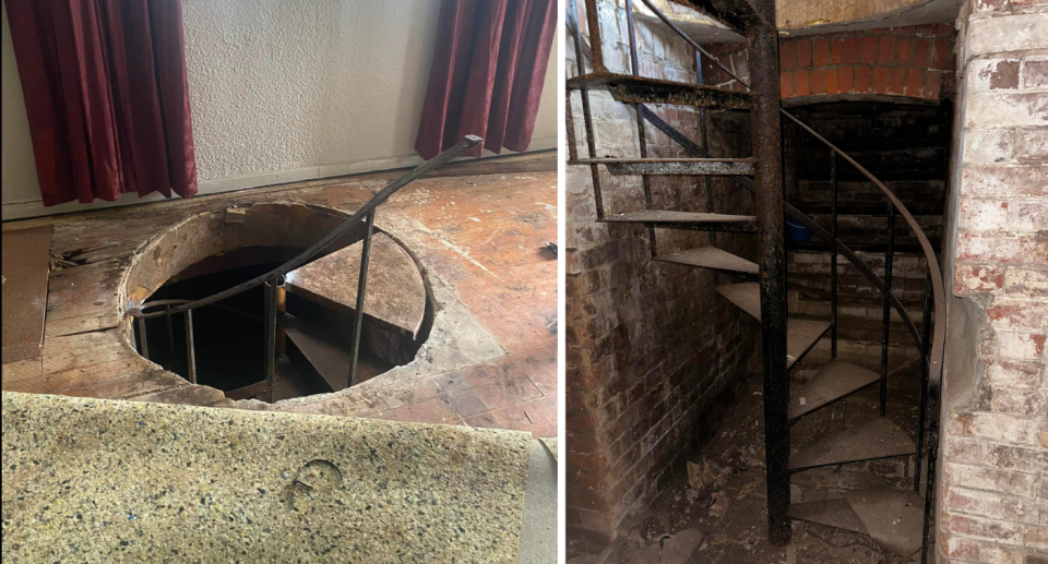 The spiral staircase leading down to a wine cellar discovered at a restaurant.