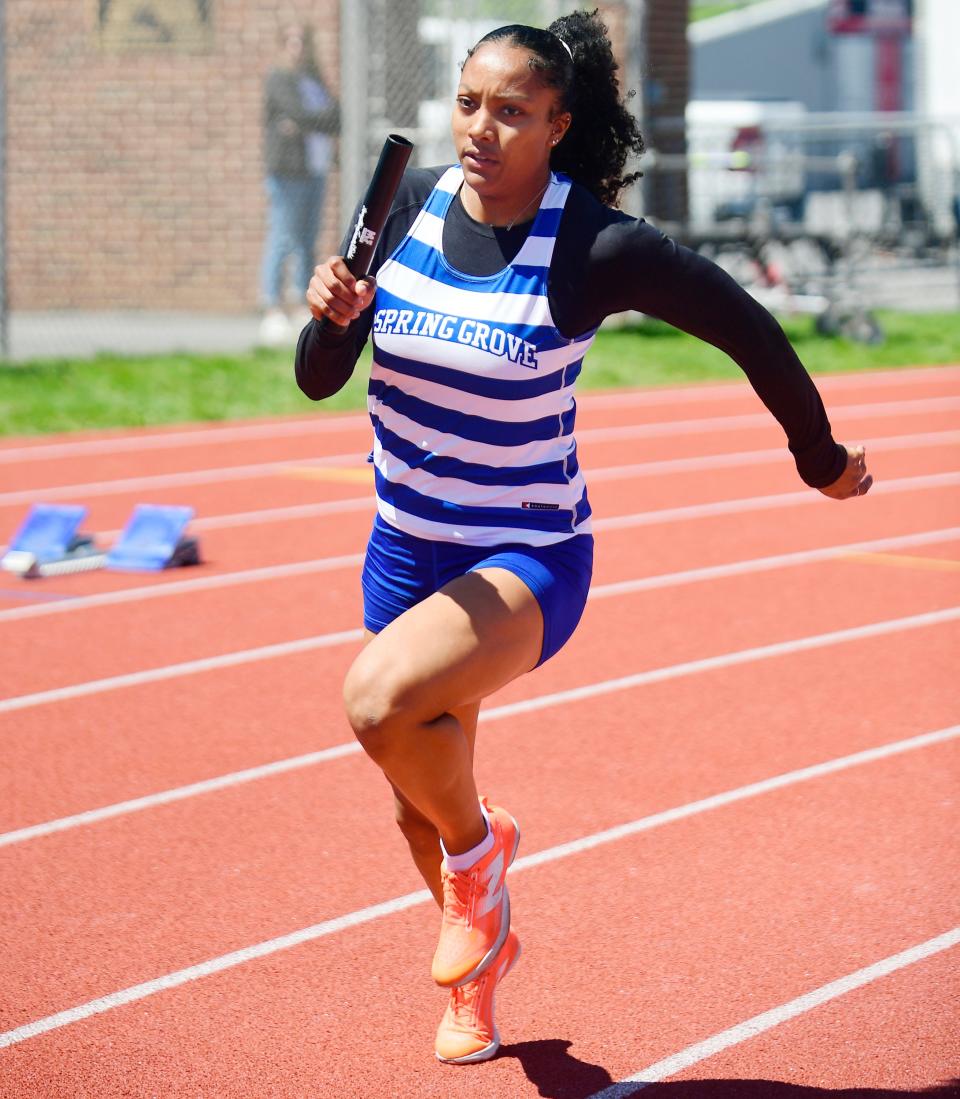Spring Grove's Laila Campbell runs the leadoff leg of the 4x100 and has the fastest league times in the 100 and 200 this season.