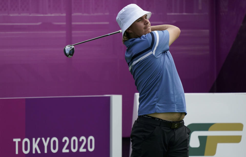 Finland's Sami Valimaki watches his shot on the drive range during a practice session of the men's golf event at the 2020 Summer Olympics, Tuesday, July 27, 2021, at the Kasumigaseki Country Club in Kawagoe, Japan, (AP Photo/Matt York)