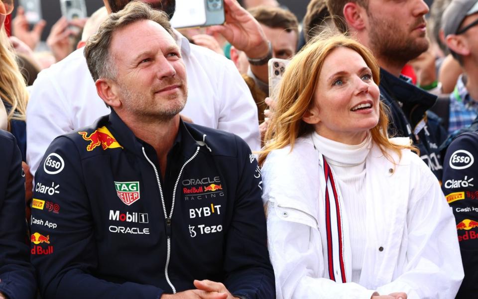 Adrian Newey, the Chief Technical Officer of Red Bull Racing, Red Bull Racing Team Principal Christian Horner and Geri Halliwell looks on in parc ferme during the F1 Grand Prix of Great Britain at Silverstone on July 03, 2022 in Northampton, England. - Mark Thompson/Getty Images