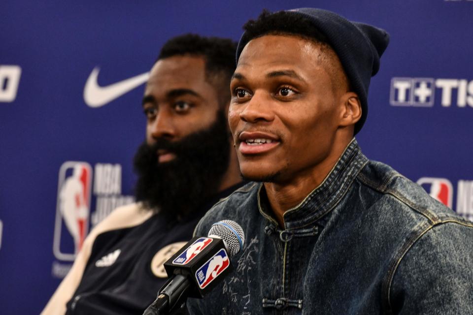 Russell Westbrook and James Harden did not work as a tandem, and they are struggling to make their latest partnerships work, too. (Toshifumi Kitamura/AFP via Getty Images)