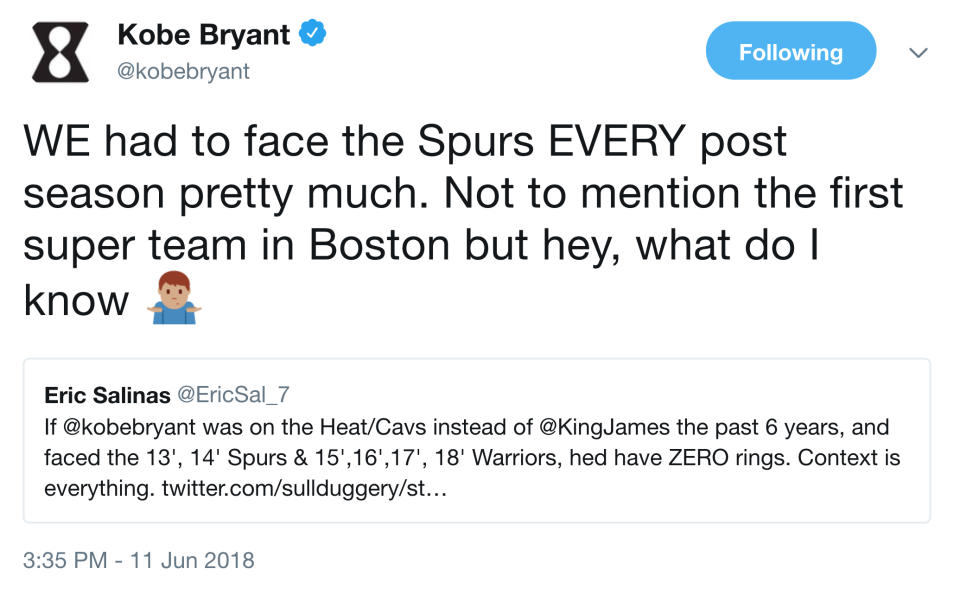 Kobe Bryant compares the Celtics to the Warriors again. (Twitter)