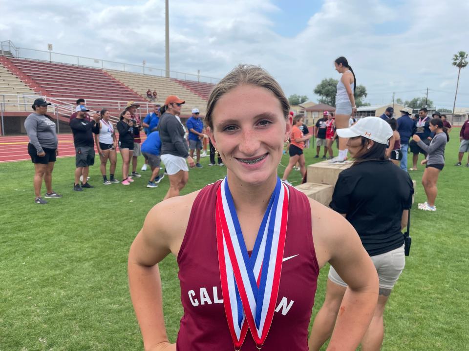 Calallen freshman Brookelynn Meador won the girls discus and finished third in the shot put at the District 31-4A/32-4A area track meet in Alice on Thursday, April 21, 2022.