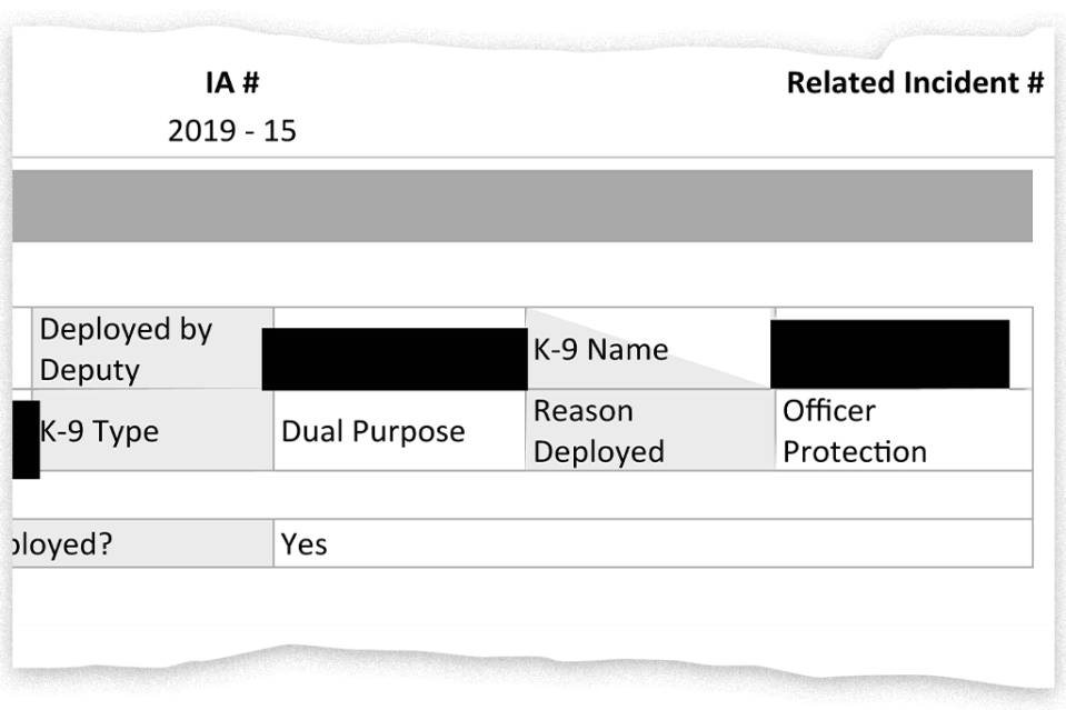 Tearsheet shows redacted K-9 name