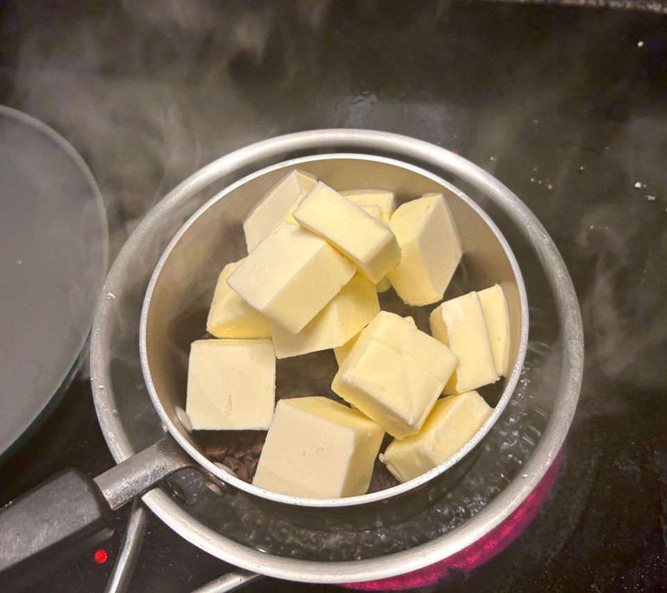 Melting butter for Ina Garten's Outrageous Brownies