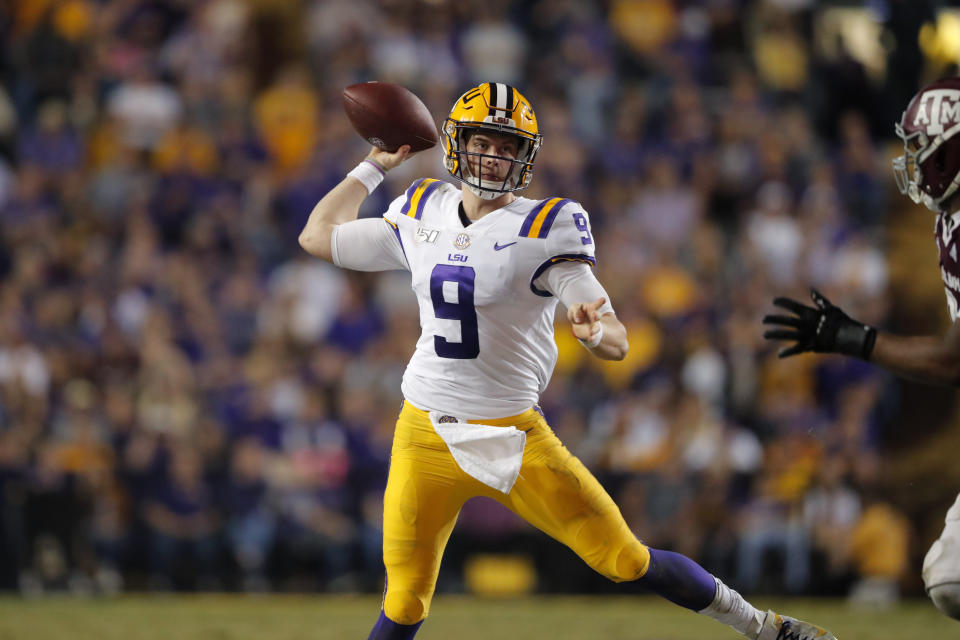 LSU quarterback Joe Burrow throws a pass during the second half of the team's NCAA college football game against Texas A&M in Baton Rouge, La., Saturday, Nov. 30, 2019. LSU won 50-7. (AP Photo/Gerald Herbert)