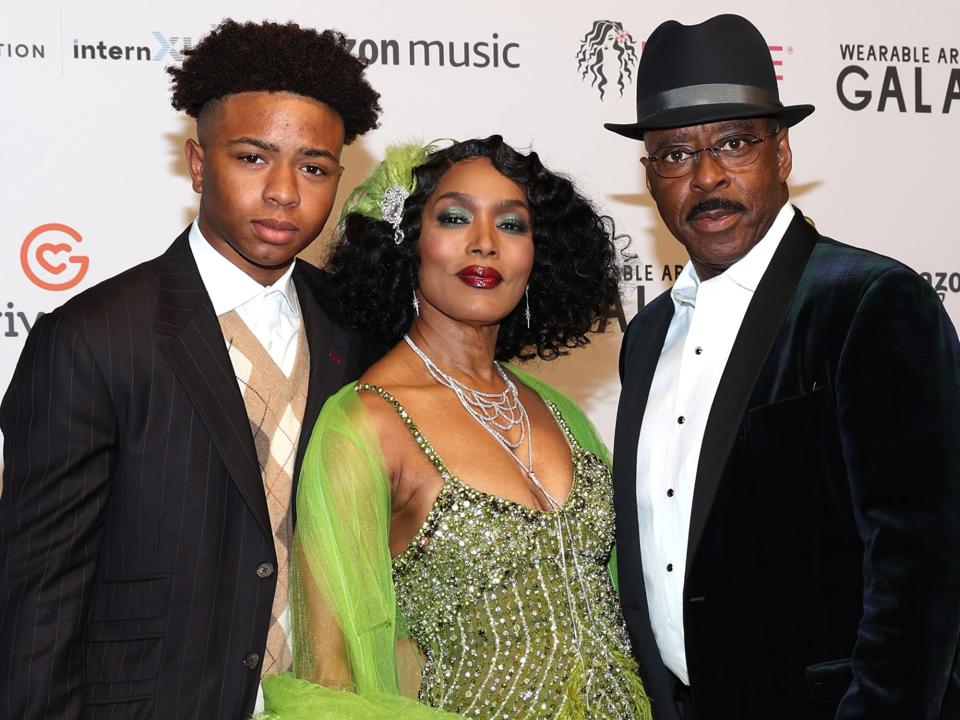 Slater Vance, Angela Bassett and Courtney B. Vance attend the 5th Annual WACO Wearable Art Gala at Barker Hangar on October 22, 2022 in Santa Monica, California